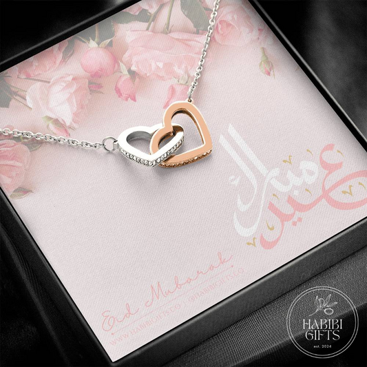 Eid Mubarak Double Hearts Necklace - Roses